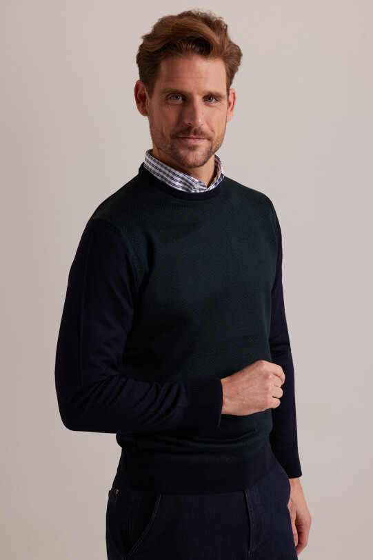 Erkek Lacivert Yeşil Bisiklet Yaka Desenli Triko