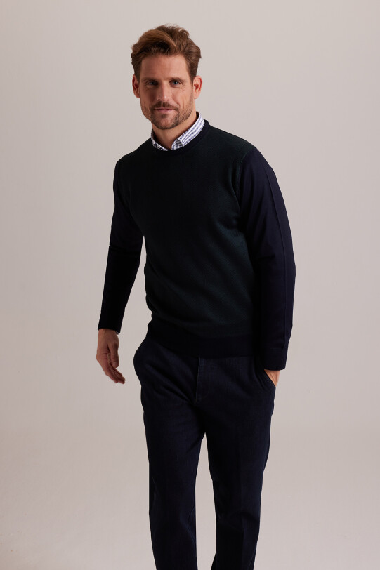 Erkek Lacivert Yeşil Bisiklet Yaka Desenli Triko