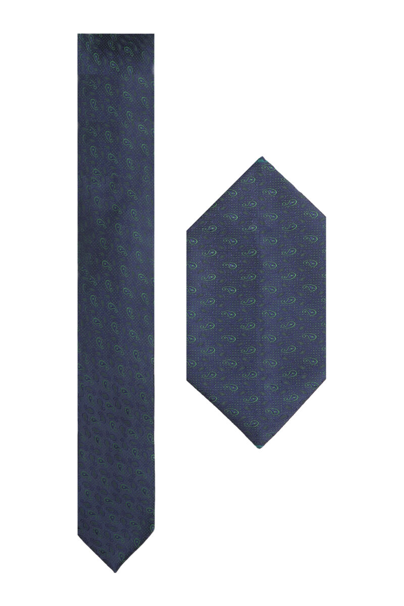 Erkek Lacivert Yeşil Desenli Kravat Mendil Set - 1