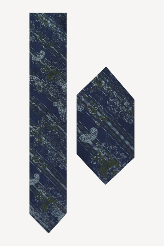 Erkek Lacivert Yeşil Desenli Kravat Mendilli Set - YSF