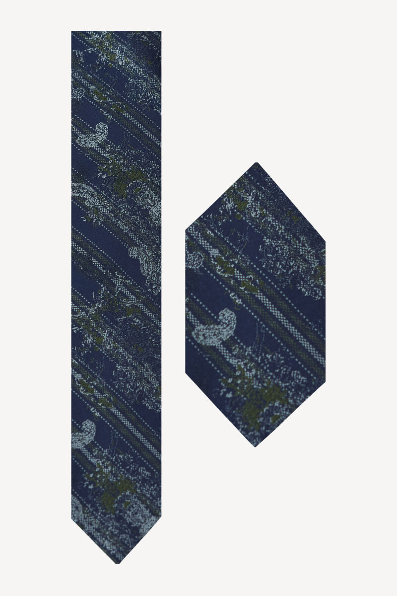 Erkek Lacivert Yeşil Desenli Kravat Mendilli Set - 1