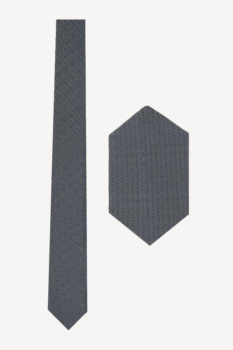 Erkek Lacivert Yeşil Desenli Slim Kravat Mendil Set - 1