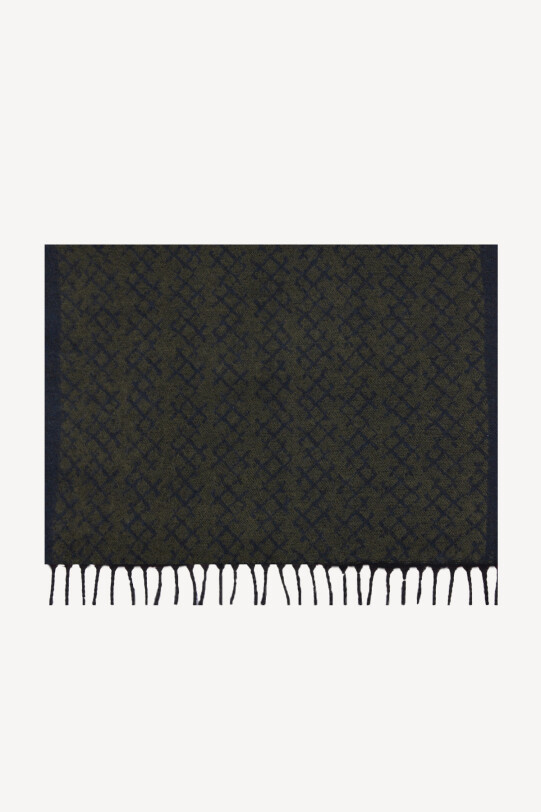 Erkek Lacivert Yeşil Desenli Yünlü Kaşkol - YSF