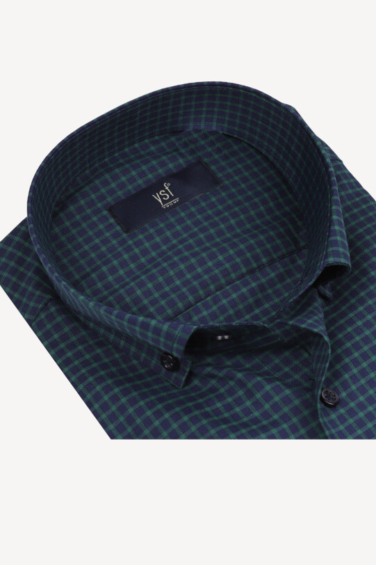 Erkek Lacivert Yeşil Kısa Kol Klasik Kareli Gömlek
