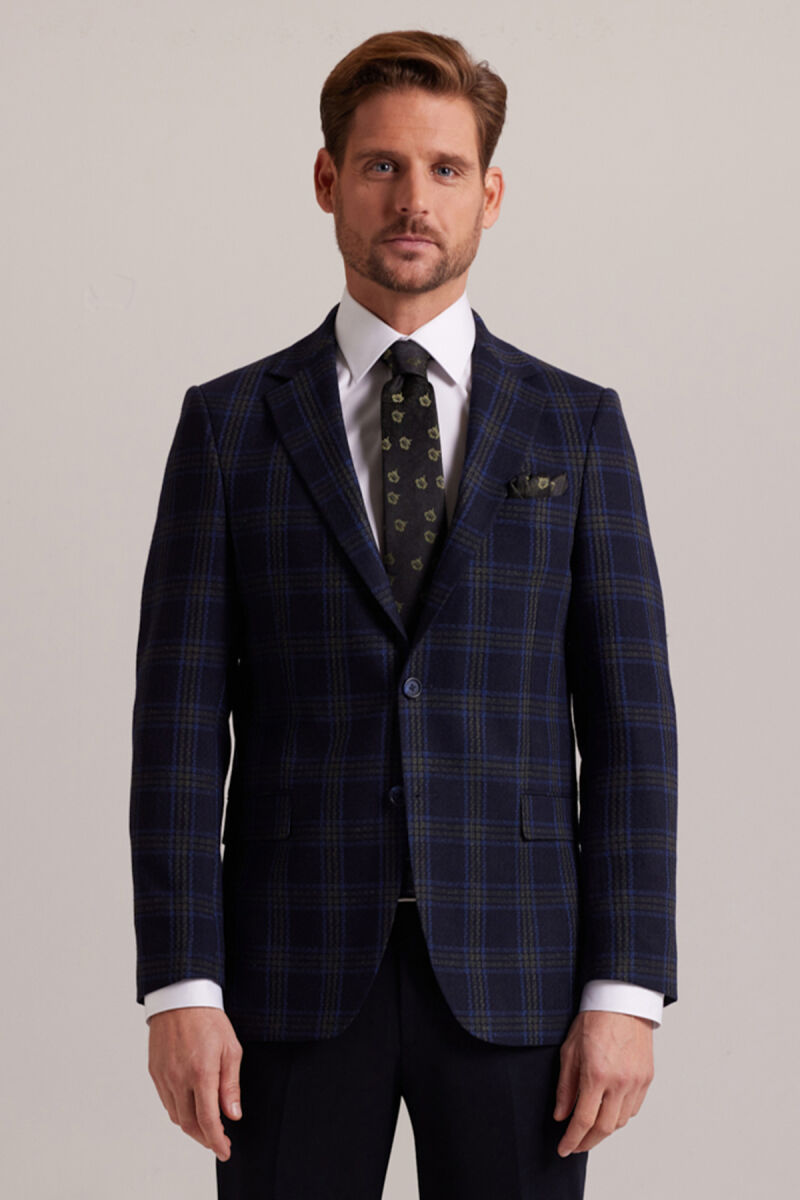 Erkek Lacivert Yeşil Kışlık Yünlü Regular Fit Ekose Desenli Ceket - 1