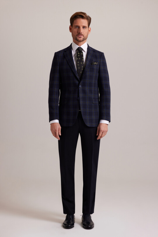 Erkek Lacivert Yeşil Kışlık Yünlü Regular Fit Ekose Desenli Ceket