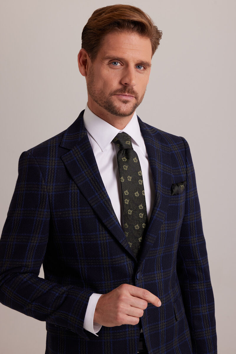 Erkek Lacivert Yeşil Kışlık Yünlü Regular Fit Ekose Desenli Ceket - 5