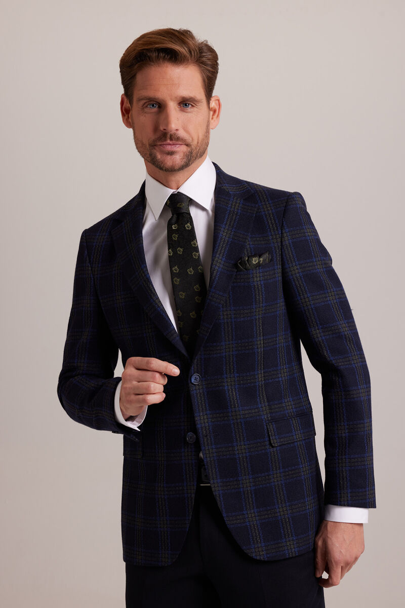 Erkek Lacivert Yeşil Kışlık Yünlü Regular Fit Ekose Desenli Ceket - 6