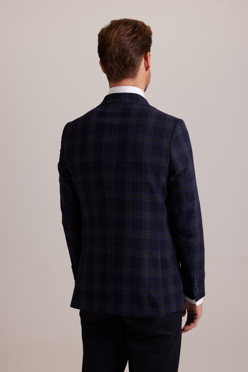 Erkek Lacivert Yeşil Kışlık Yünlü Regular Fit Ekose Desenli Ceket - 8