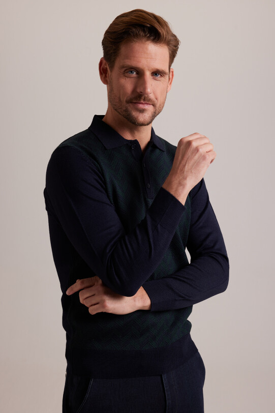 Erkek Lacivert Yeşil Polo Yaka Desenli Triko