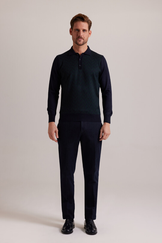 Erkek Lacivert Yeşil Polo Yaka Desenli Triko