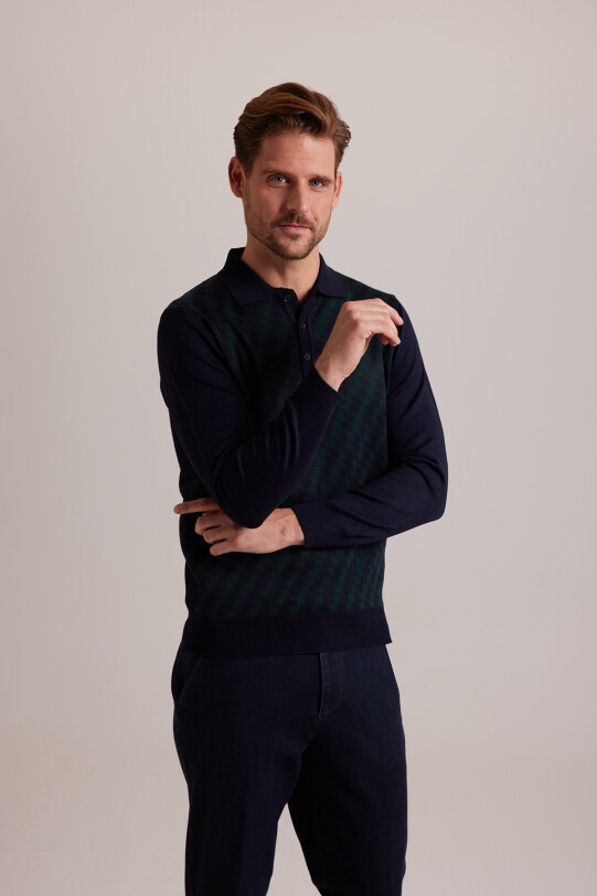 Erkek Lacivert Yeşil Polo Yaka Desenli Triko