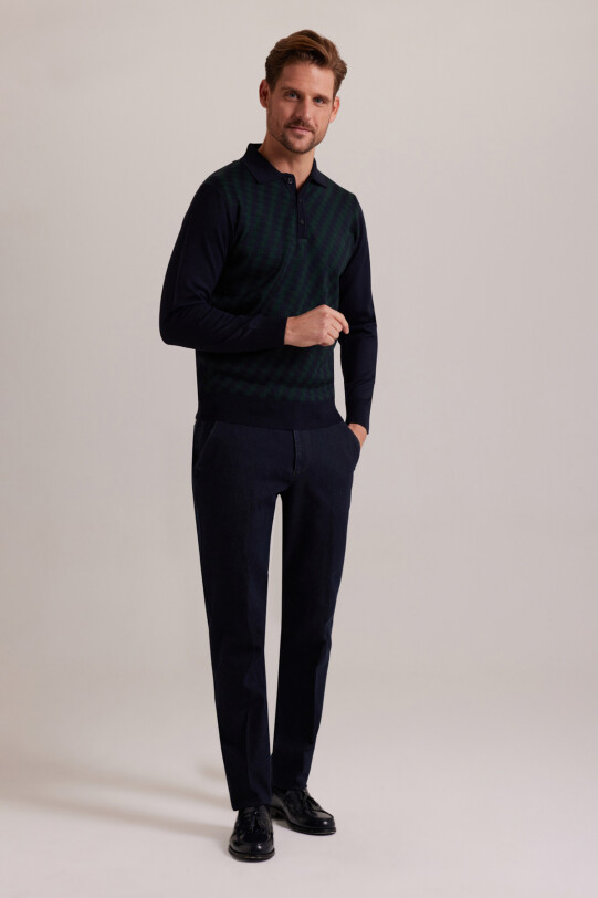 Erkek Lacivert Yeşil Polo Yaka Desenli Triko