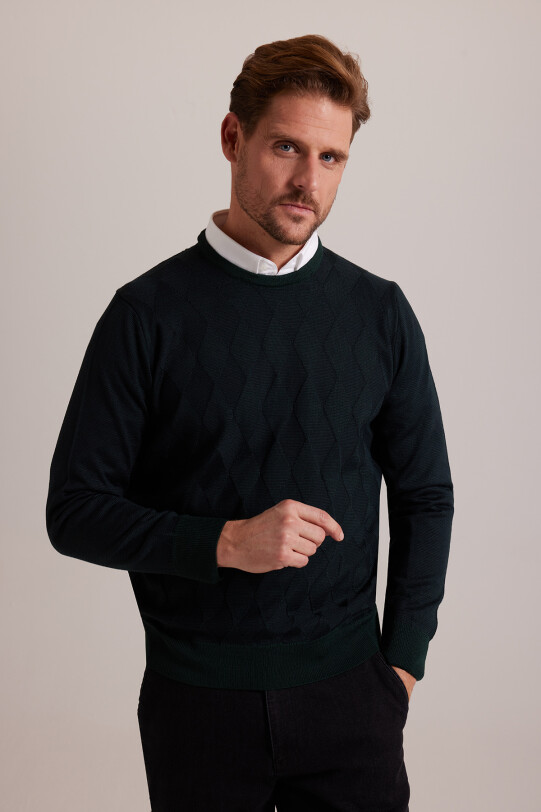 Erkek Lacivert Yeşil Regular Fit Baklava Desenli Bisiklet Yaka Triko