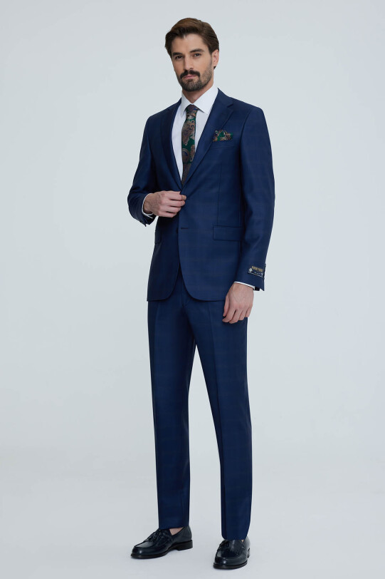 Erkek Lacivert Yeşil Regular Fit Kareli Desenli Takım Elbise