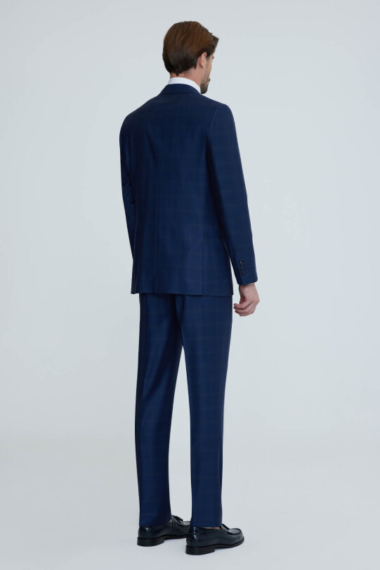 Erkek Lacivert Yeşil Regular Fit Kareli Desenli Takım Elbise