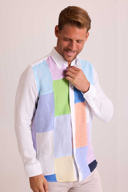 Erkek Beyaz Regular Fit Uzun Kol Keten Gömlek