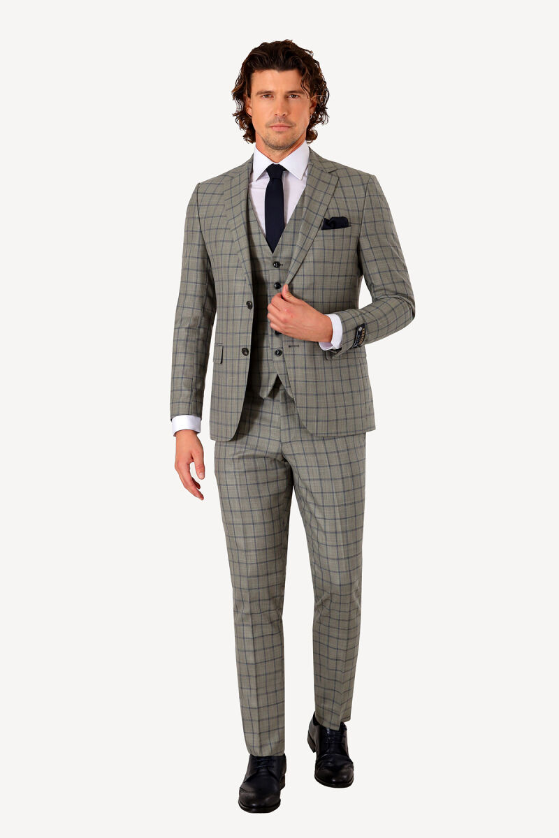 Erkek Lacivert Yeşil Slim Fit Yelekli Takım Elbise - 1