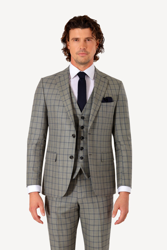 Erkek Lacivert Yeşil Slim Fit Yelekli Takım Elbise