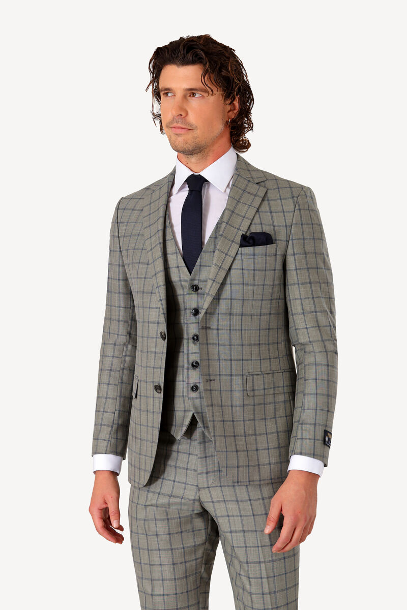 Erkek Lacivert Yeşil Slim Fit Yelekli Takım Elbise - 3