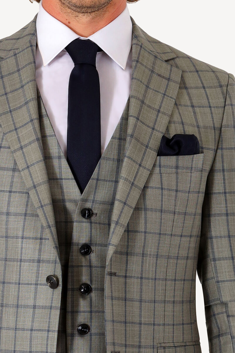 Erkek Lacivert Yeşil Slim Fit Yelekli Takım Elbise - 4