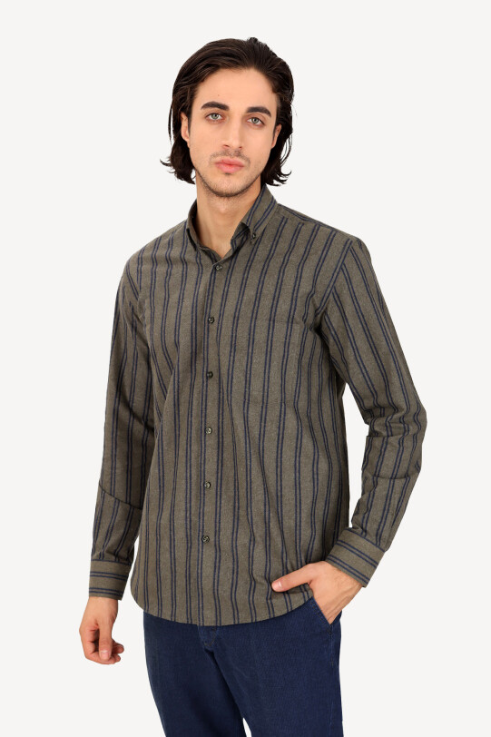 Erkek Lacivert Yeşil Uzun Kol Regular Fit Çizgili Yaka Düğmeli Gömlek