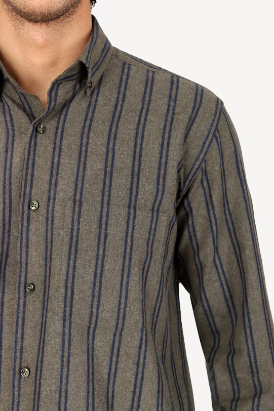 Erkek Lacivert Yeşil Uzun Kol Regular Fit Çizgili Yaka Düğmeli Gömlek