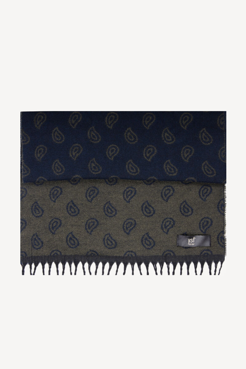 Erkek Lacivert Yeşil Yünlü Şal Desenli Kaşkol - 1