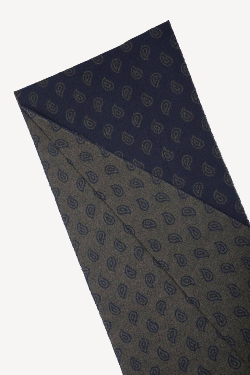 Erkek Lacivert Yeşil Yünlü Şal Desenli Kaşkol - 2