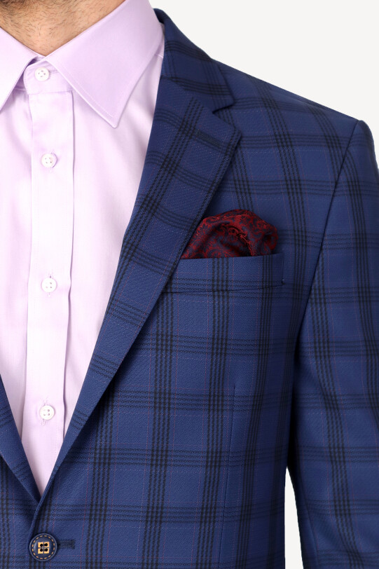 Erkek Lacivert Yünlü Kareli Klasik Ceket