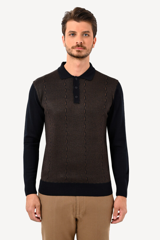 Erkek Lacivert Yünlü Polo Yaka Klasik Desenli