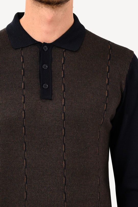 Erkek Lacivert Yünlü Polo Yaka Klasik Desenli