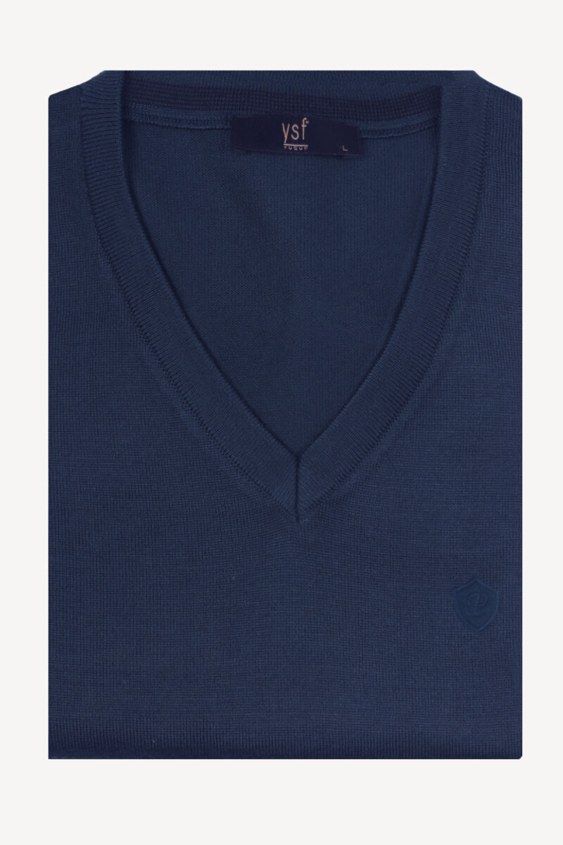 Erkek Lacivert Yünlü V Yaka Klasik Triko Süveter - 3