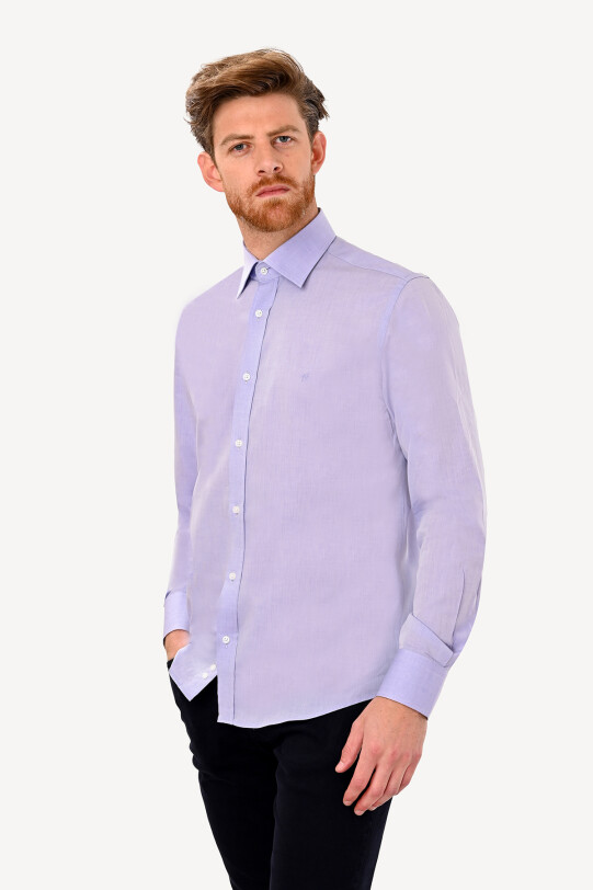 Erkek Lila Uzun Kol Slim Fit Saten Gömlek