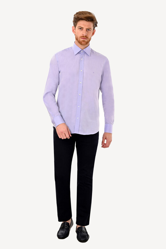 Erkek Lila Uzun Kol Slim Fit Saten Gömlek