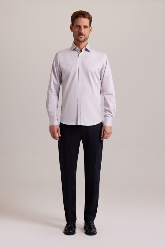 Erkek Lila Yarım İtalyan Slim Fit Uzun Kol Gömlek