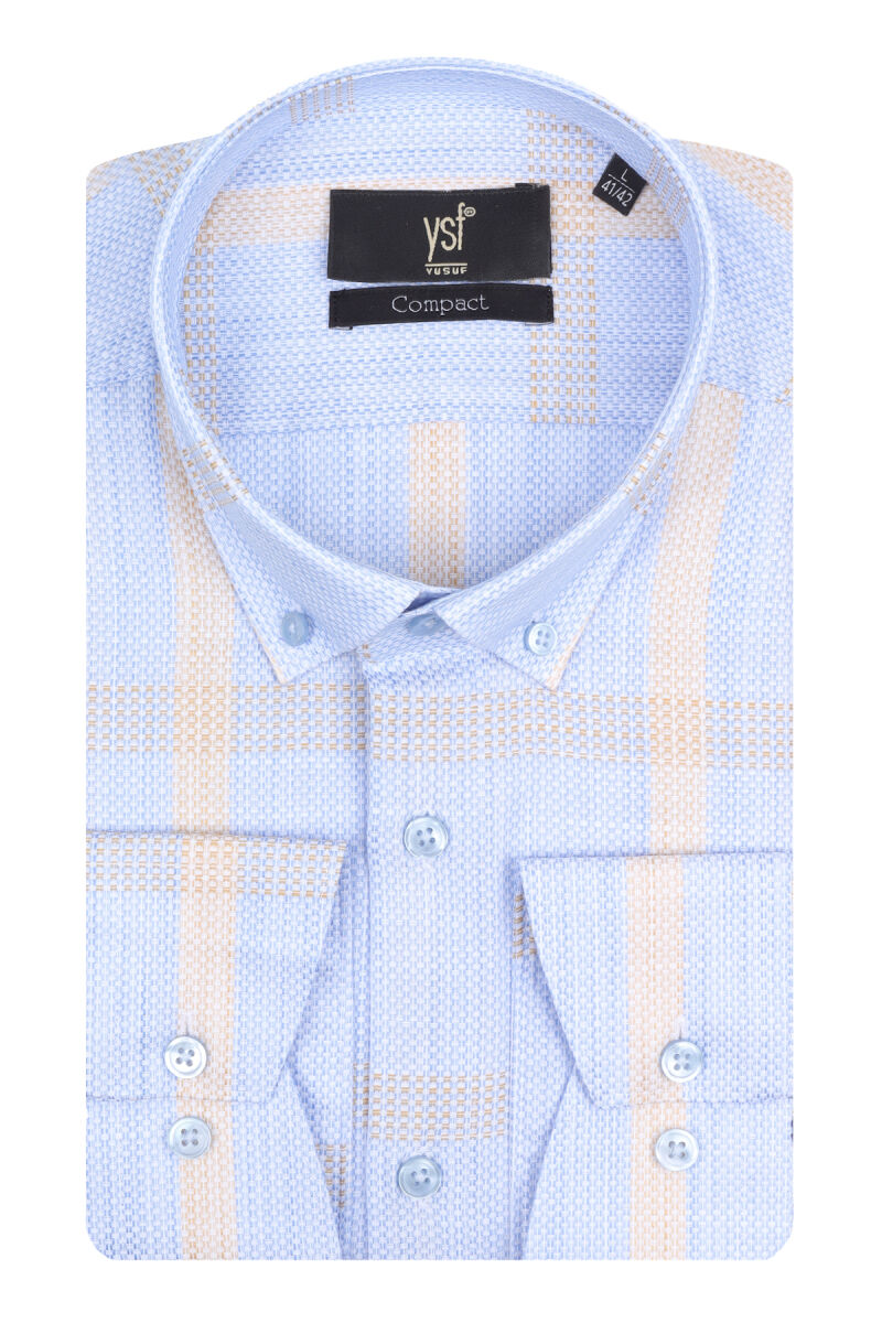 Erkek Mavi Bej Kareli Slim Fit Gömlek - 3