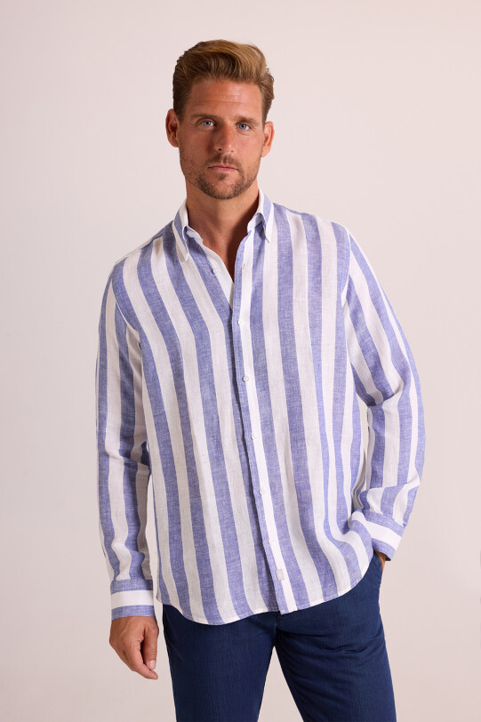 Erkek Mavi Beyaz Çizgili Regular Fit Keten Gömlek