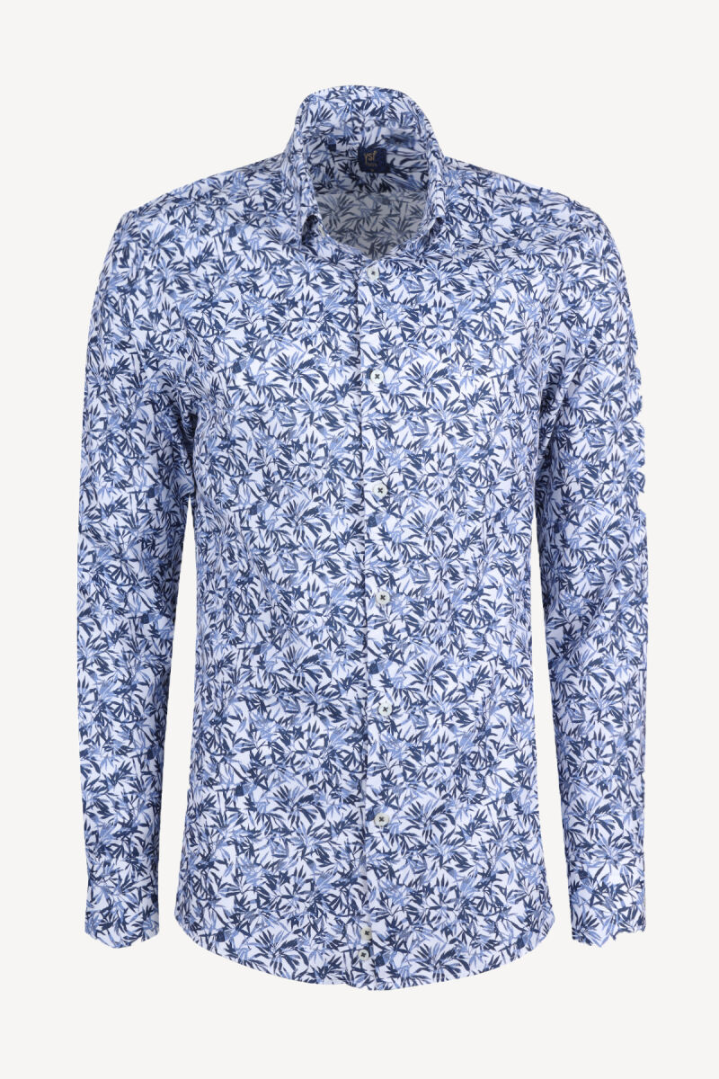 Erkek Mavi Beyaz Desenli Uzun Kollu Slim Fit Gömlek - 1