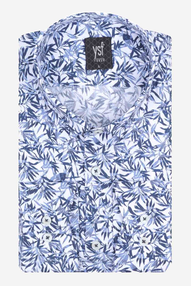 Erkek Mavi Beyaz Desenli Uzun Kollu Slim Fit Gömlek - 3
