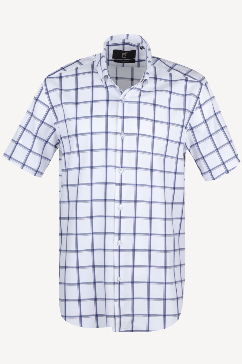 Erkek Mavi Beyaz Ekose Slim Fit Kısa Kollu Gömlek - 1