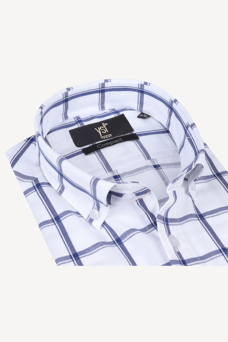 Erkek Mavi Beyaz Ekose Slim Fit Kısa Kollu Gömlek - 2