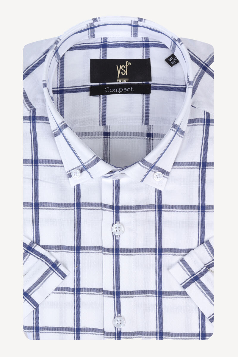 Erkek Mavi Beyaz Ekose Slim Fit Kısa Kollu Gömlek - 3