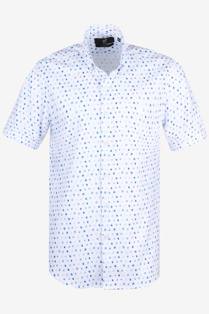 Erkek Mavi Beyaz Kısa Kol Cotton Slim Fit Desenli Gömlek - 1