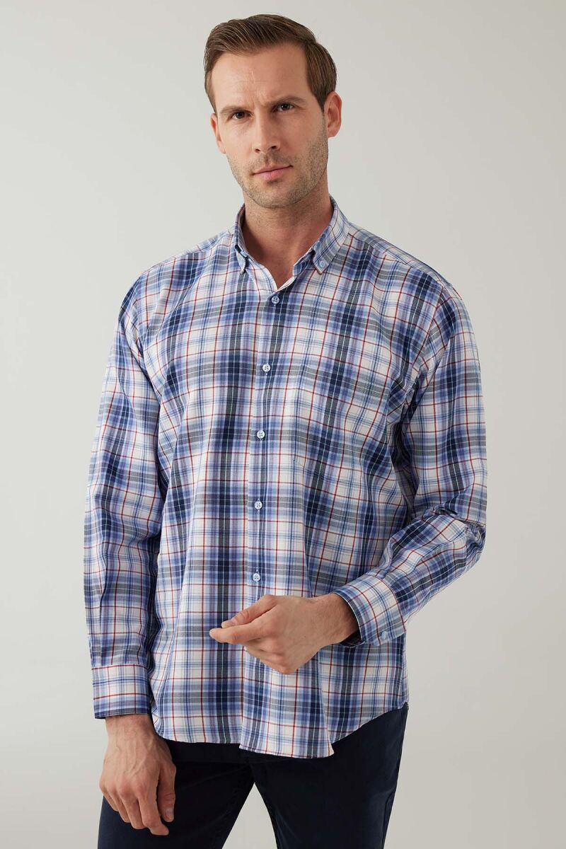 Erkek Mavi Beyaz Regular Fit Kare Desenli Pamuklu Gömlek - 1