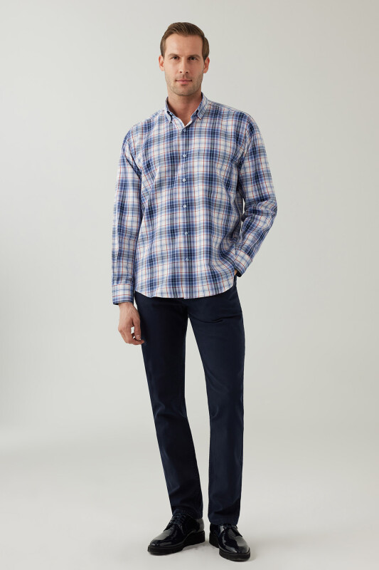 Erkek Mavi Beyaz Regular Fit Kare Desenli Pamuklu Gömlek