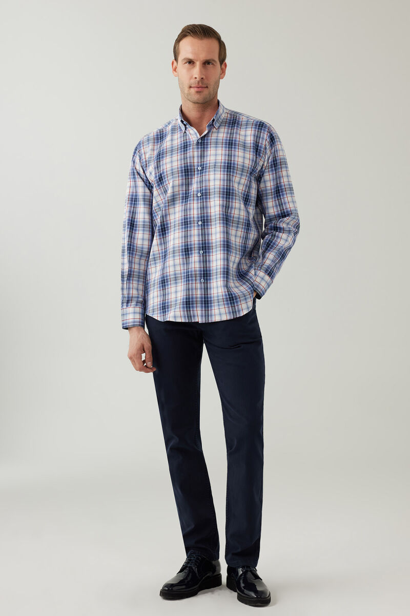 Erkek Mavi Beyaz Regular Fit Kare Desenli Pamuklu Gömlek - 2