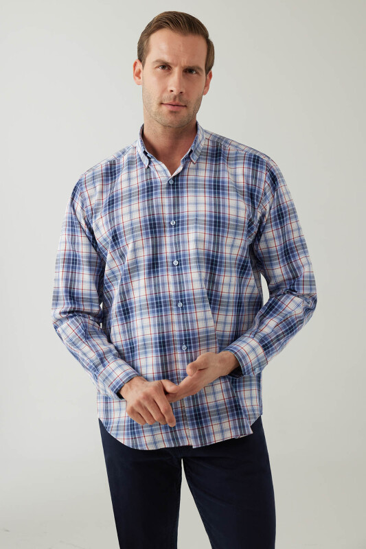 Erkek Mavi Beyaz Regular Fit Kare Desenli Pamuklu Gömlek