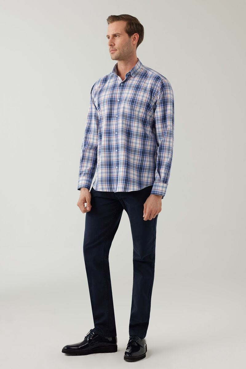 Erkek Mavi Beyaz Regular Fit Kare Desenli Pamuklu Gömlek - 4