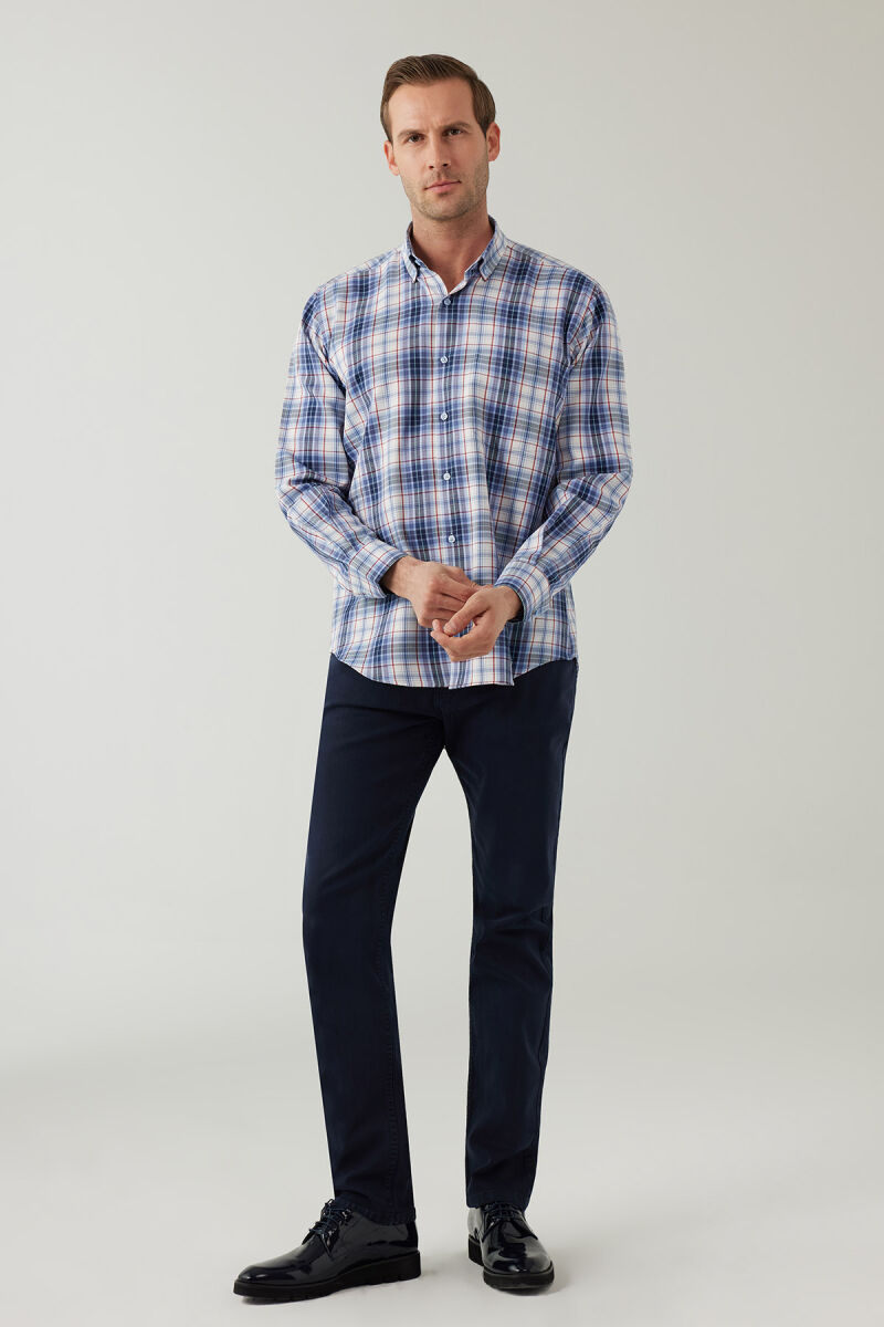 Erkek Mavi Beyaz Regular Fit Kare Desenli Pamuklu Gömlek - 5